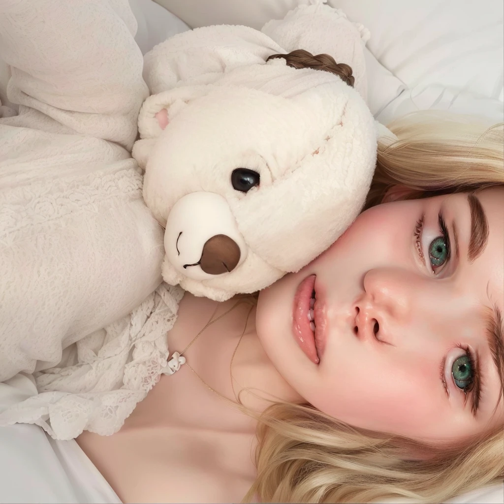 blond woman laying in bed with a oso de peluche on her head, Sidney Sweeney, holding a oso de peluche, laying oso de peluche, oso de peluche, 🤬 🤮 💕 🎀, retrato suave 8 k, retrato de kim petras, lindos y tiernos, en mi cama, 😭 🤮 💕 🎀, ojos lindos y amigables, cara suave, pale skin, suave e impecable