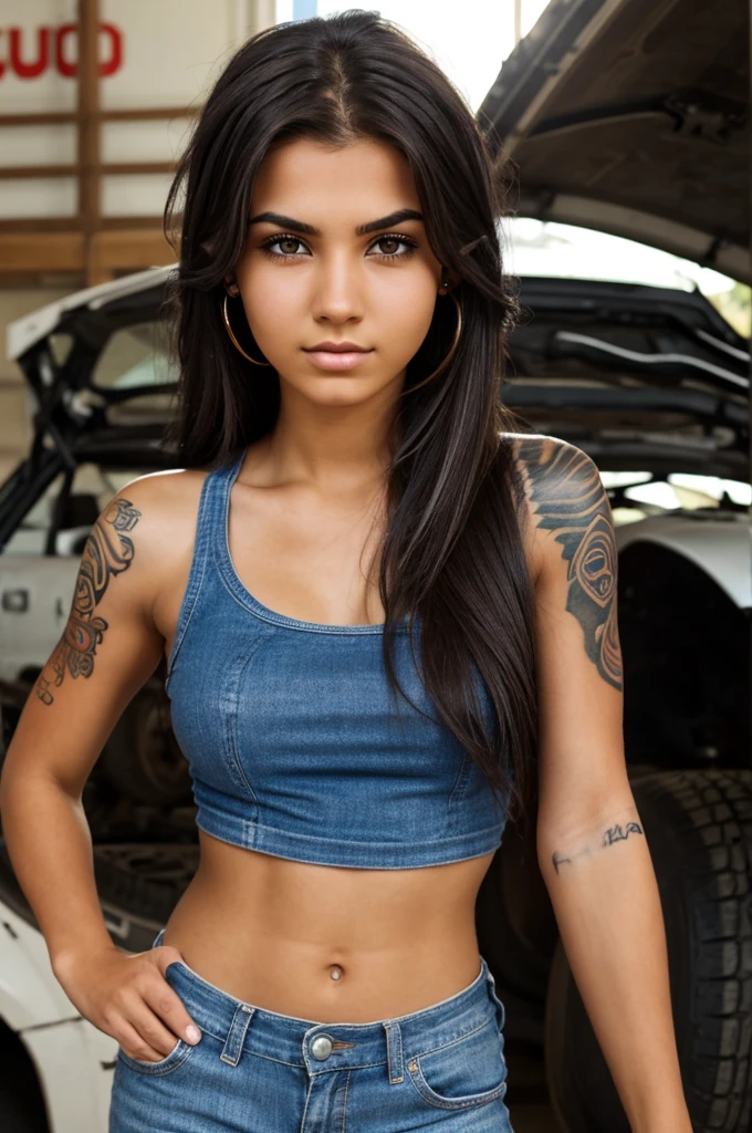 A tough-looking college-age girl with dark brown messy hair, and fair skin, has a nose piercing, an eyebrow piercing, three ear piercings in both ears, tattoos on her arm, and works as a mechanic