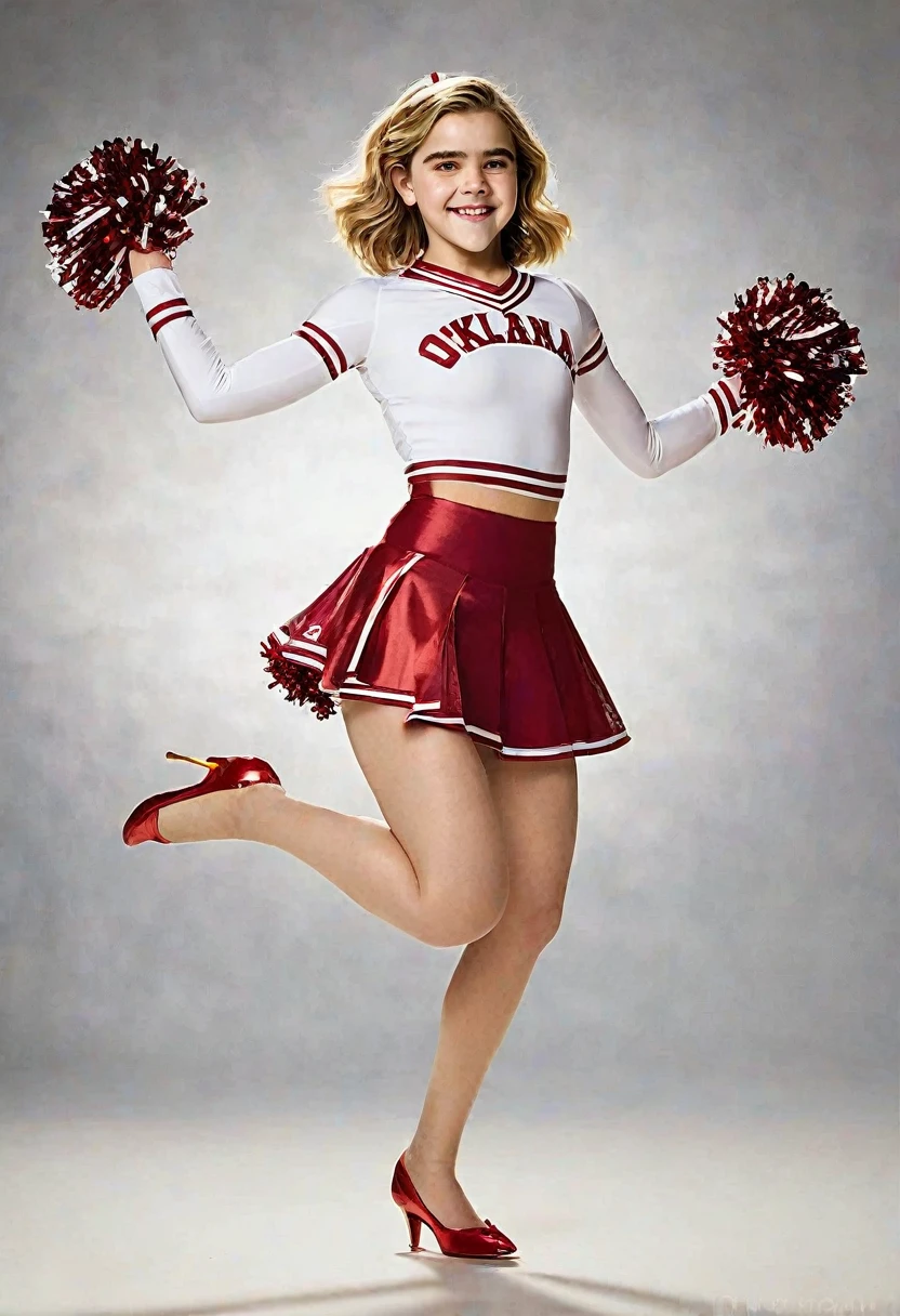 1girl, Kiernan Shipka, full length portrait University of Oklahoma cheerleader uniform sheer shimmering silky shiny tan pantyhose by L'eggs 5 inch scarlet high heels holding pompoms cheering in a studio photo shoot