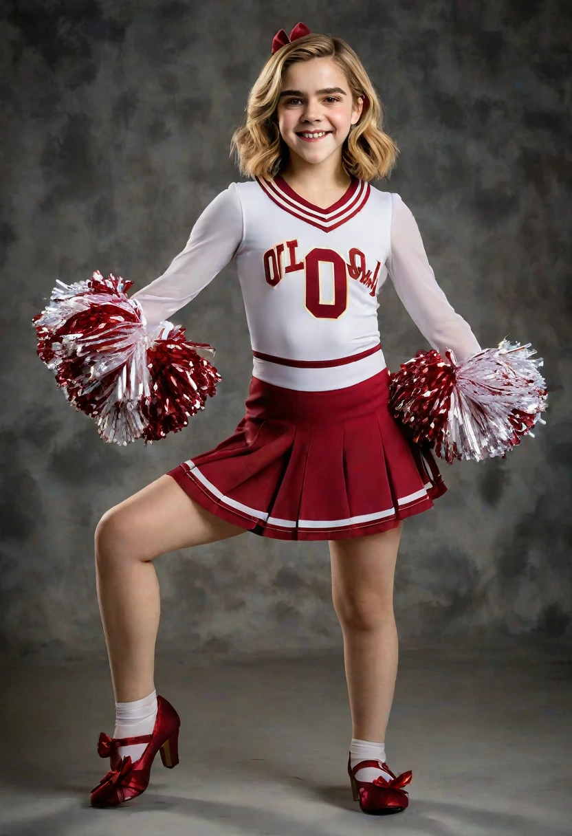 1girl, Kiernan Shipka, full length portrait University of Oklahoma cheerleader uniform sheer shimmering silky shiny tan pantyhose by L'eggs 5 inch scarlet high heels holding pompoms cheering in a studio photo shoot 