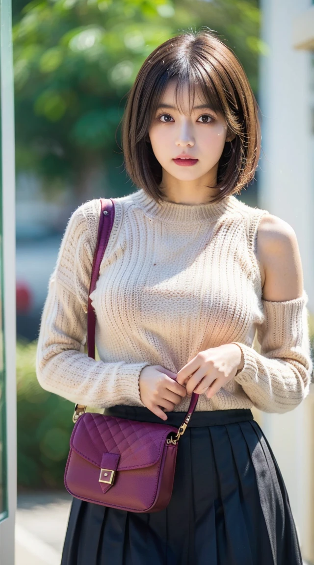 Highest quality, shape, Very detailed, finely, High resolution, 8k wallpaper, 完璧なダイナミックな構shape, Beautiful and exquisite, Natural Lip, whole body, front,Shyness、Embarrassed expression、Large Breasts、Slightly sagging breasts、Bob Cut Hair、University classroom、Pleated skirt、((looking at the camera))、Brown Hair、sweater、(((1 crossbody bag)))、ノースリーブsweater,strap between breasts, shoulder strap passes between the breasts, bag,