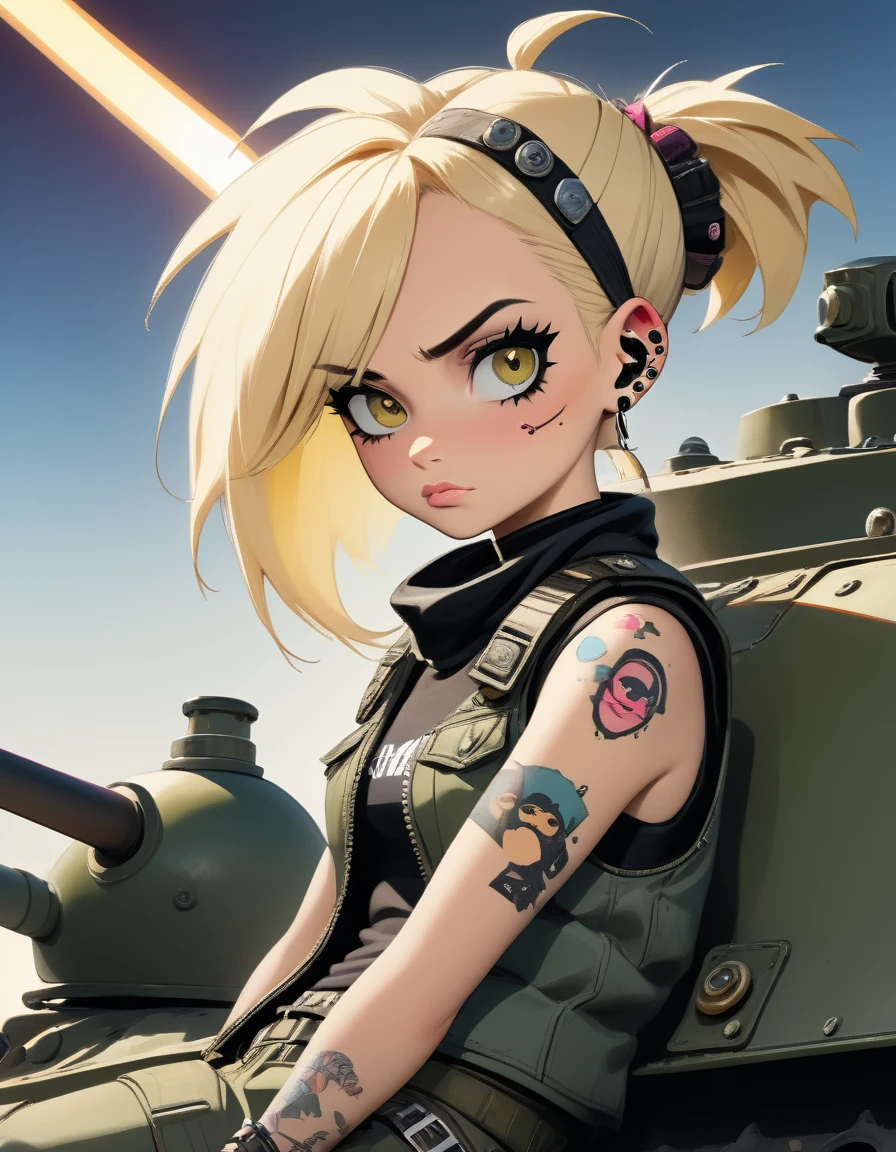 tank girl character, punk, blonde, with piercings, wearing military helmet, sitting on a tank, (best quality, 4k, 8k, high resolution, masterpiece: 1.2), ultra detailed, (realistic, photorealistic, photorealistic: 1.37) , oil painting, art inspired by Skottie Young and Bill Sienkiewicz, detailed facial features, piercings, punk, brave military aesthetic, worn and rugged appearance, dramatic lighting, cinematic composition, vibrant colors, moody atmosphere.