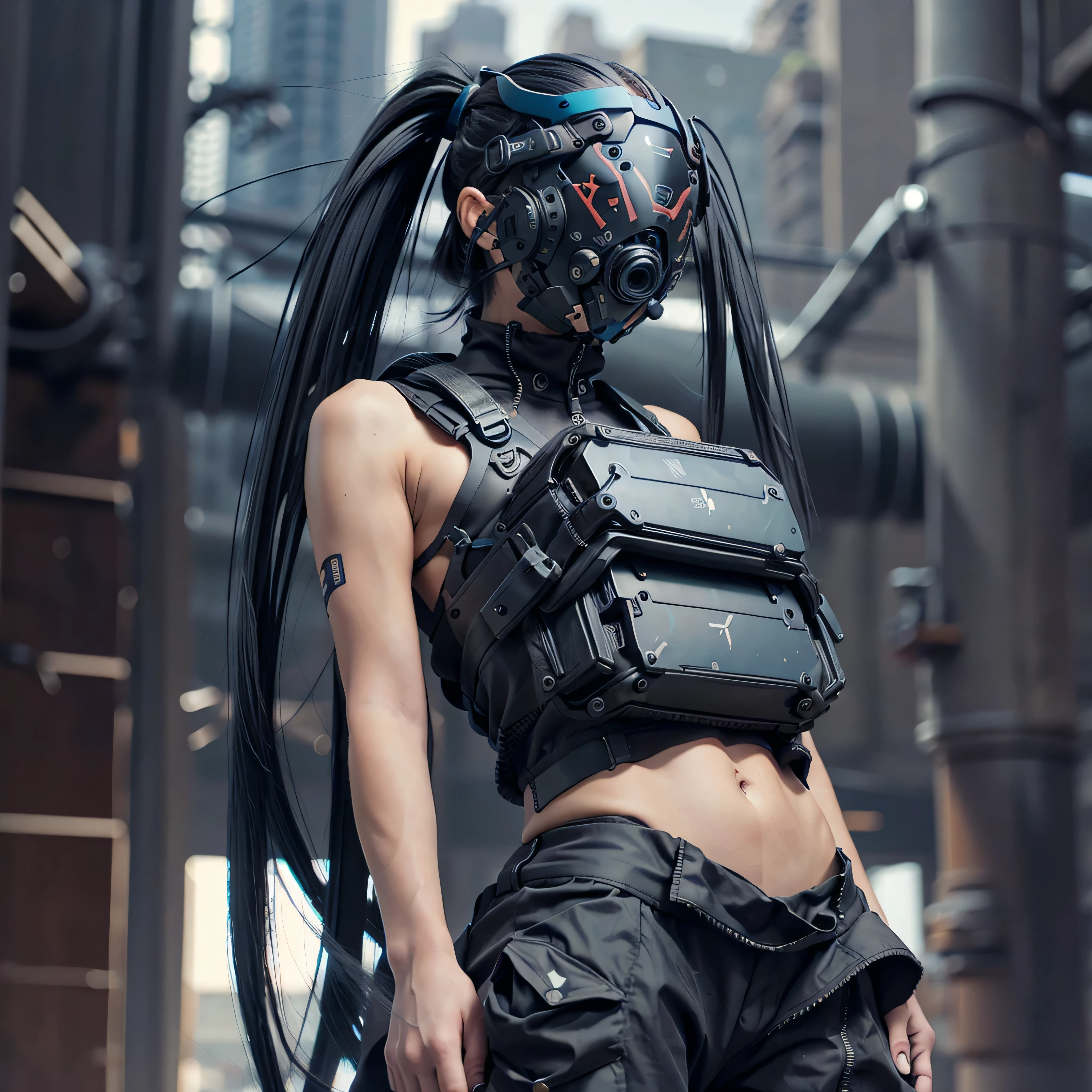 1girl, long blue twin tail hair, cyber helmet, black tank top, black cargo pants, mouth mask, covered mouth, Blur background, 8K, Hi-Res