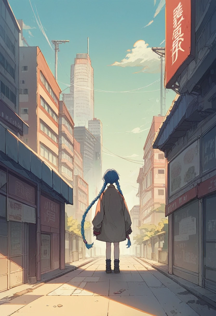 score_9, score_8_up, score_7_up, source_anime, 1 ugly woman, jinx from arcane, floating in a manhole cover, city background, full body