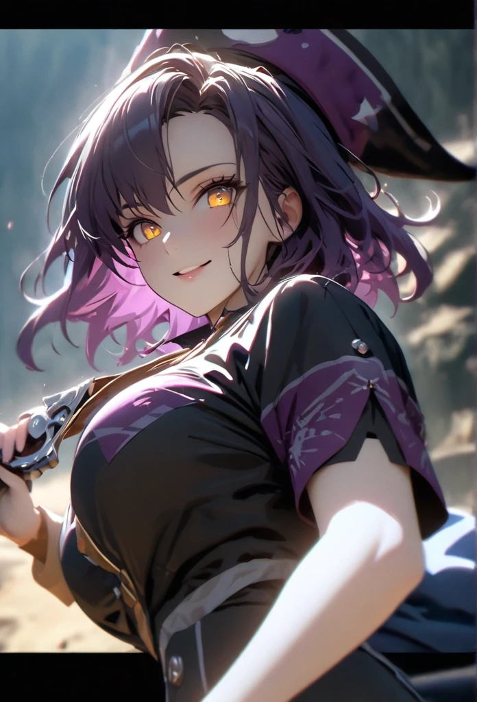 (solo), purple hair, messy hair, mane hair, medium hair, dense hair, wild hair, expressive hair, mature,(25 year old), pale skin, yellow eyes, ((Female)), beatiful girl, wearing a purple pirates outfit, captin pirate hat, blue skirt, rolled up sleeves, beautiful, attractive, large breast, and round and big ass, smiling, Holding a flintlock, eye reflection, depth of field, thunder aura, cinematic lighting, ray tracing, depth of field, cinematic lighting, ray tracing, UHD, high details, best quality, highres, high quality, award winning, super detail, masterpiece, 8k, UHD, high details, best quality, highres, high quality, award winning, super detail, masterpiece, 8k, digital art, anime coloring, body shot, good face, perfect face, detailed face, good eyes. A sea and island background