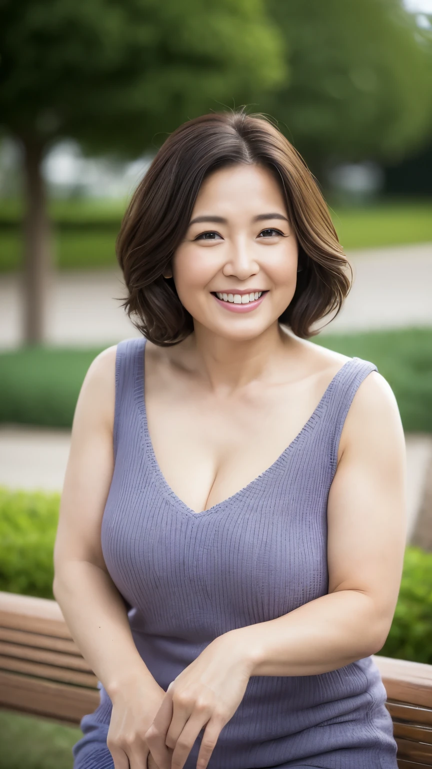 最high quality, In 8K, Masseter muscle area, Lifelike, Sharp focus, high quality, High resolution, Detailed face, Detailed eyes, Thick lips, Background Blur, solo, Middle-aged women, Chubby, 55 years old, , Medium long wavy hair, Cleavage, Wearing a plain short-sleeved knit, Sitting on a park bench, Wrinkles around the eyes, Toothy smile