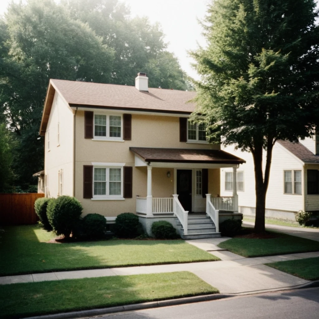 night shot of a typical townhouse from the 1970s, during the Motown era. The townhouse should be located in a suburban area, with a mix of single-family homes and apartment buildings. The house should be a two-story, single-family residence with a pitched roof, vinyl siding, and a small front yard with a lawn and a few trees. The exterior should feature a warm, earthy color palette with a combination of brown, beige, and cream tones. The roof should be a dark brown or black asphalt shingle material. The windows should be double-hung, with white or cream-colored frames and shutters. The front door should be a wooden with a brass or chrome door handle. The porch should be a small, covered area with a simple railing and a few steps leading up to the door, at night, the light is on in a bedroom on the second floor (gaussian blur:1.1) (high key photo masterpiece:1.2) raw photo, (film grain:1.3), depth field, bokeh, Best quality, masterpiece, ultra high res, (photorealistic:1.4), (smooth light:1.4), photorealistic, cinematic lighting, volumetric lighting, highly detailed and intricate