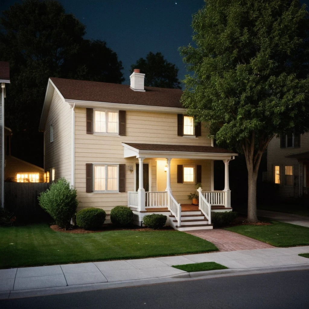 night shot of a typical townhouse from the 1970s, during the Motown era. The townhouse should be located in a suburban area, with a mix of single-family homes and apartment buildings. The house should be a two-story, single-family residence with a pitched roof, vinyl siding, and a small front yard with a lawn and a few trees. The exterior should feature a warm, earthy color palette with a combination of brown, beige, and cream tones. The roof should be a dark brown or black asphalt shingle material. The windows should be double-hung, with white or cream-colored frames and shutters. The front door should be a wooden with a brass or chrome door handle. The porch should be a small, covered area with a simple railing and a few steps leading up to the door, at night, the light is on in a bedroom on the second floor (gaussian blur:1.1) (high key photo masterpiece:1.2) raw photo, (film grain:1.3), depth field, bokeh, Best quality, masterpiece, ultra high res, (photorealistic:1.4), (smooth light:1.4), photorealistic, cinematic lighting, volumetric lighting, highly detailed and intricate