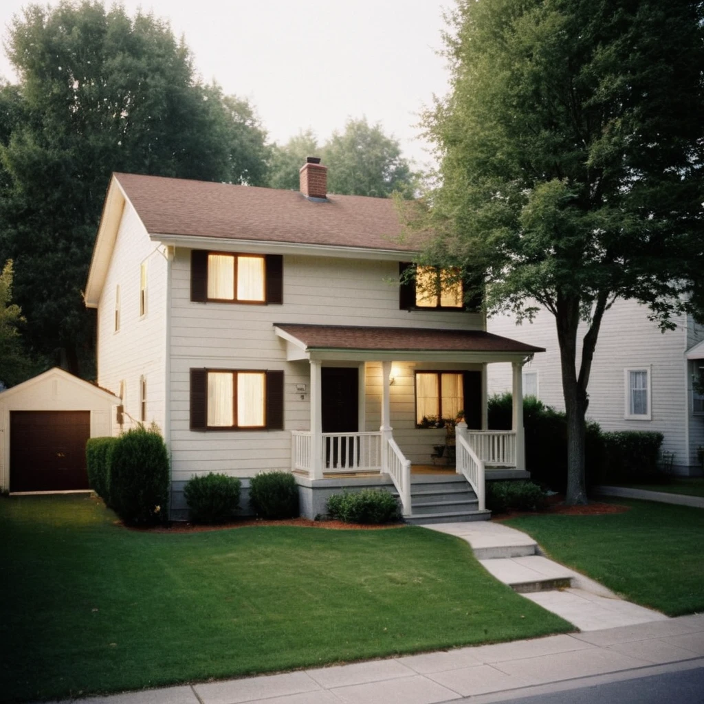 night shot of a typical townhouse from the 1970s, during the Motown era. The townhouse should be located in a suburban area, with a mix of single-family homes and apartment buildings. The house should be a two-story, single-family residence with a pitched roof, vinyl siding, and a small front yard with a lawn and a few trees. The exterior should feature a warm, earthy color palette with a combination of brown, beige, and cream tones. The roof should be a dark brown or black asphalt shingle material. The windows should be double-hung, with white or cream-colored frames and shutters. The front door should be a wooden with a brass or chrome door handle. The porch should be a small, covered area with a simple railing and a few steps leading up to the door, at night, the light is on in a bedroom on the second floor (gaussian blur:1.1) (high key photo masterpiece:1.2) raw photo, (film grain:1.3), depth field, bokeh, Best quality, masterpiece, ultra high res, (photorealistic:1.4), (smooth light:1.4), photorealistic, cinematic lighting, volumetric lighting, highly detailed and intricate