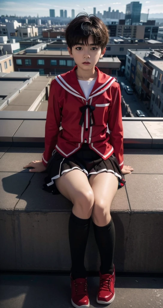 1 little boy，Shota，No makeup，short hair，Cover your skirt with your hands，Male characteristics，Unique的，face to face audience，full-body shot，Red JK，miniskirt，Black pantyhose，Sailor Suit，Sitting，Unique ，roof，City background，Rooftop，Keep your legs together，8k，Princess shoes，Male physiognomy