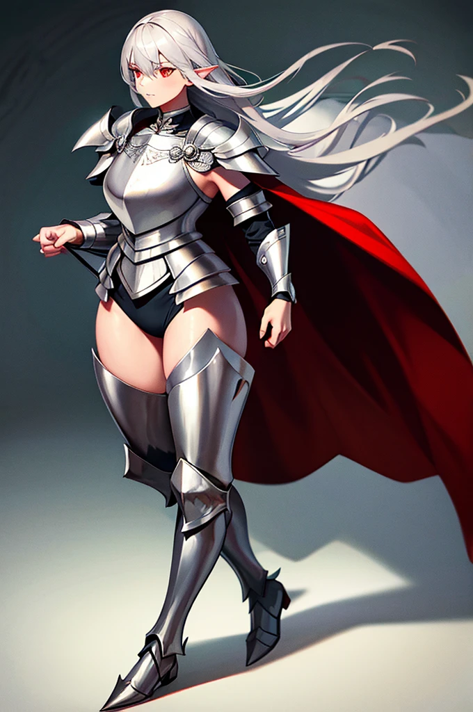 female elf knight, full body art, silver hair, white skin, red eyes, knight full plate adorned armor, silver cape