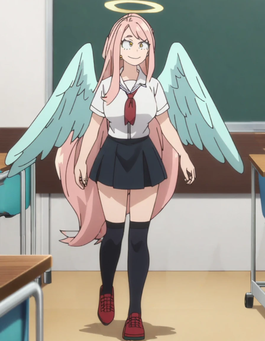 1girl, my hero academia screencap, boku no hero academia, pink hair, gold eyes, smiling, super long hair, cute, wearing white school shirt, red ribbon tie on shirt, in a classroom, cute gold earrings, bangs, , full body, large angel wings on back, halo, short black skirt, thigh high black socks, big