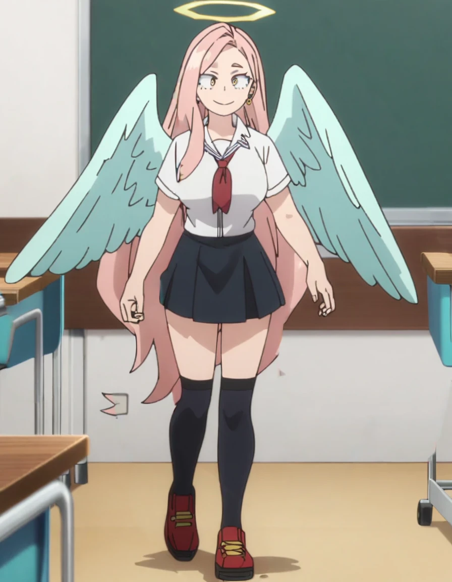 1girl, my hero academia screencap, boku no hero academia, pink hair, gold eyes, smiling, super long hair, cute, wearing white school shirt, red ribbon tie on shirt, in a classroom, cute gold earrings, bangs, , full body, large angel wings on back, halo, short black skirt, thigh high black socks, big 
