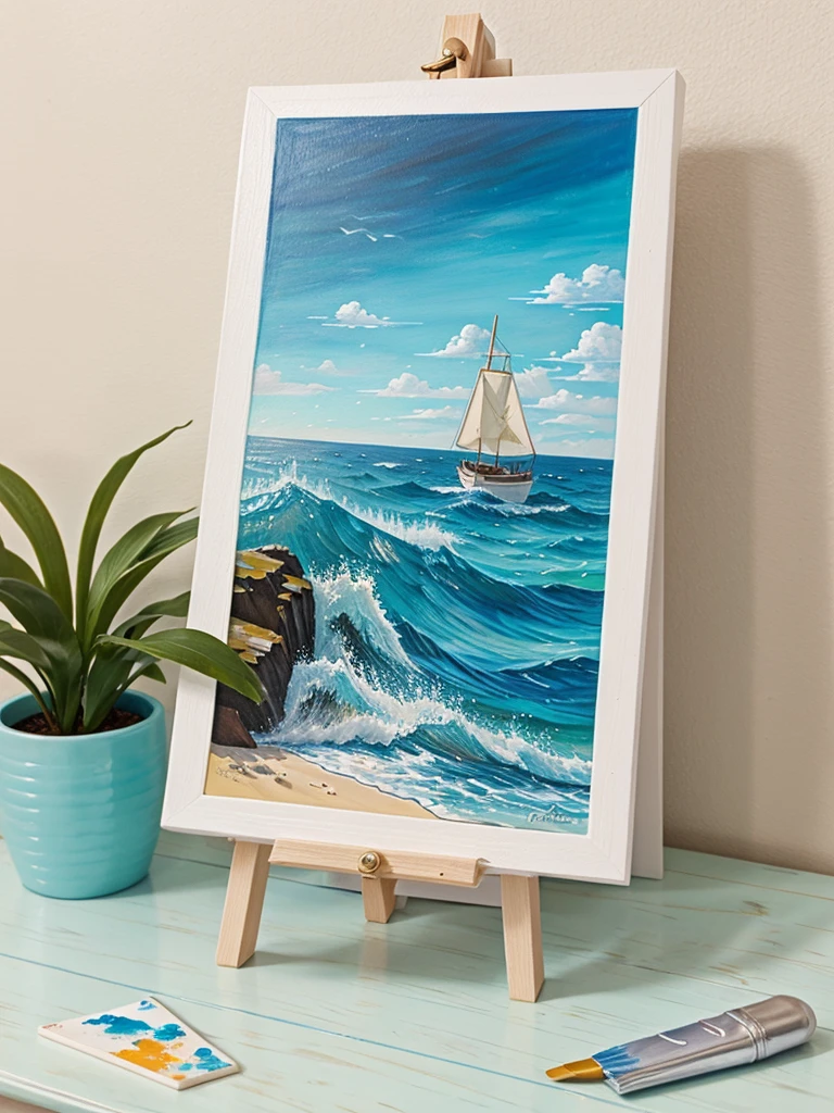 Create a sea-themed piece of art on a small-sized canvas on an easel and table filled with paints the same color as the canvas and brushes