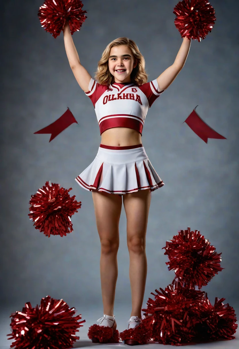 1girl, Kiernan Shipka, full length portrait, University of Oklahoma cheerleader uniform, sheer shimmering silky shiny tan pantyhose by L'eggs, 5 inch scarlet high heels, holding pompoms, cheering, studio photo shoot, photorealistic, 8K, award winning photography, dramatic lighting, vibrant colors, dynamic pose