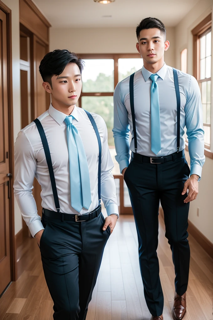 Groomsman wedding black pants light blue blouse 
