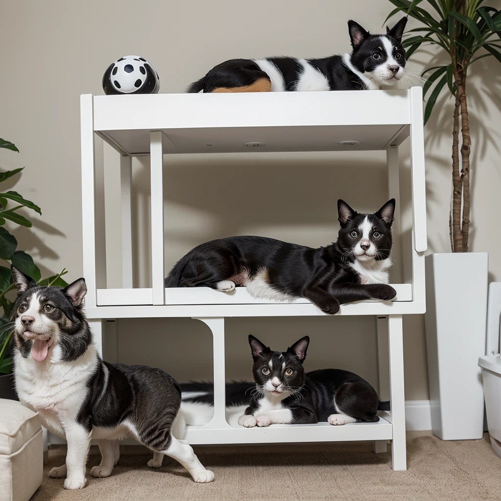 Leaflet for a pet hotel.
Happy pets (dogs and cats) in a cozy environment. Black and white.
Animals playing and relaxing.
Staff caring for the animals.
Feeders, beds, toys, play elements.