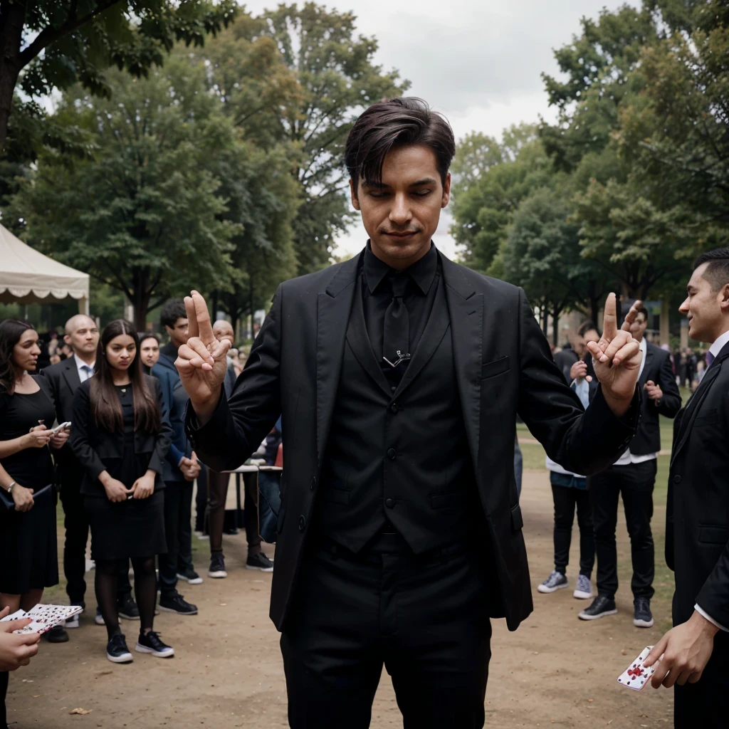 a magician performing in a park, wearing black clothes, his hands raised with two decks of cards, several people around him, hyperrealistic, hyper detailed, cinematic lighting, dramatic shadows, vibrant colors, masterpiece, digital art, concept art, 8k, photo realistic, studio quality