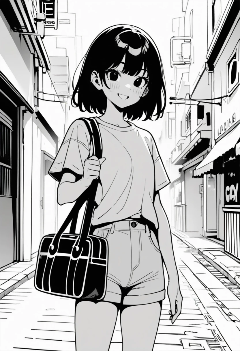 masterpiece, best quality 1girl, grayscale, style: manga, black eyes, street, iced, black hair, schoolbag, smile, lineart, white background, white shirt, grey shorts