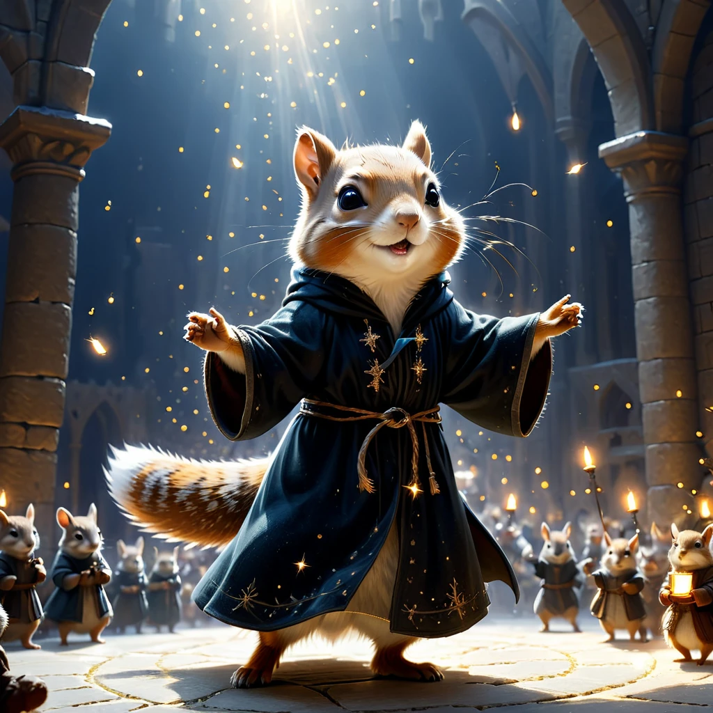 C4tt4stic, Medieval Europe, surrounded by a plethora of light particles, each one shining brightly, illustration of a small cute creature, wearing a luxurious dark robe, cute creature dancing alone, fantasy art, exquisite detail, Jean-Baptiste Monge style, Alan Lee style, anthropomorphic squirrel, movie scene, dramatic shot angle, atmospheric particles, realistic, raw cinematic photorealism, action portrait, 8k, detailed, full frame