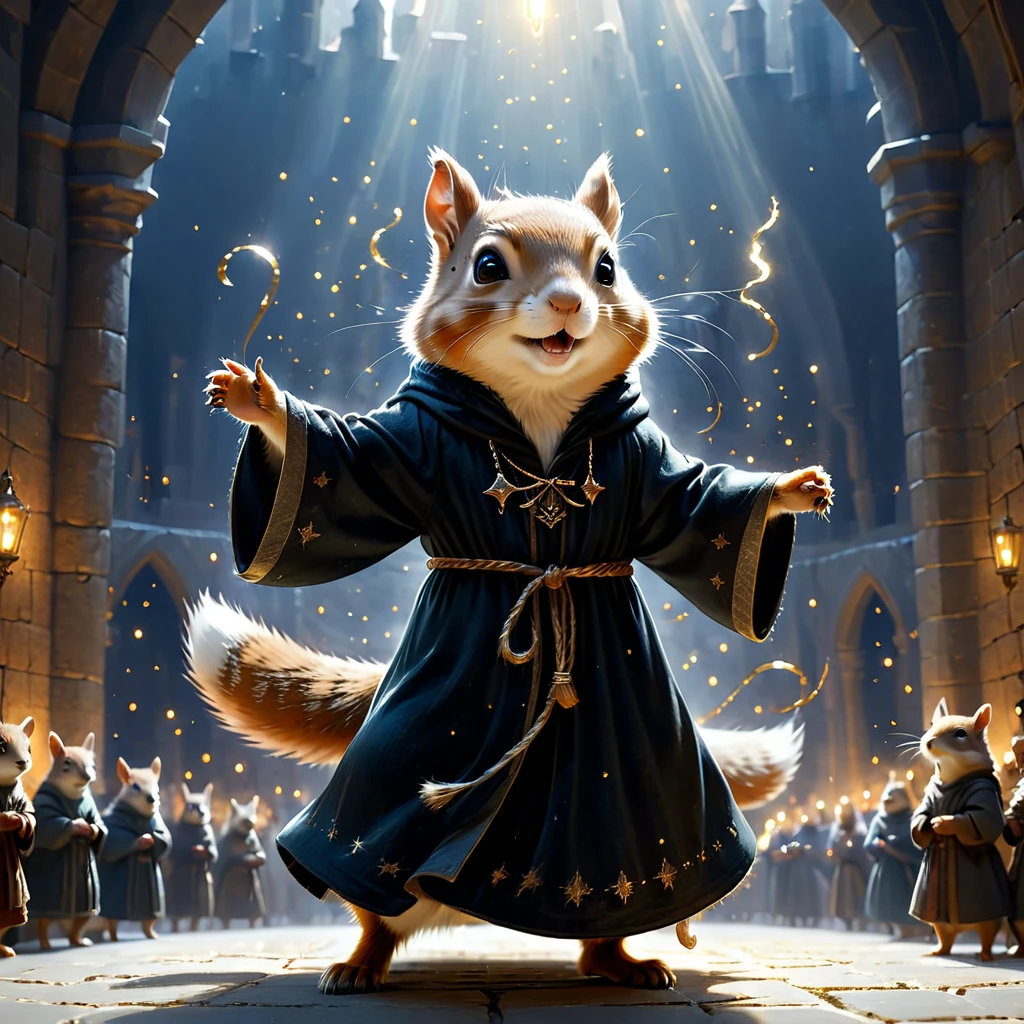 C4tt4stic, Medieval Europe, surrounded by a plethora of light particles, each one shining brightly, illustration of a small cute creature, wearing a luxurious dark robe, cute creature dancing alone, fantasy art, exquisite detail, Jean-Baptiste Monge style, Alan Lee style, anthropomorphic squirrel, movie scene, dramatic shot angle, atmospheric particles, realistic, raw cinematic photorealism, action portrait, 8k, detailed, full frame