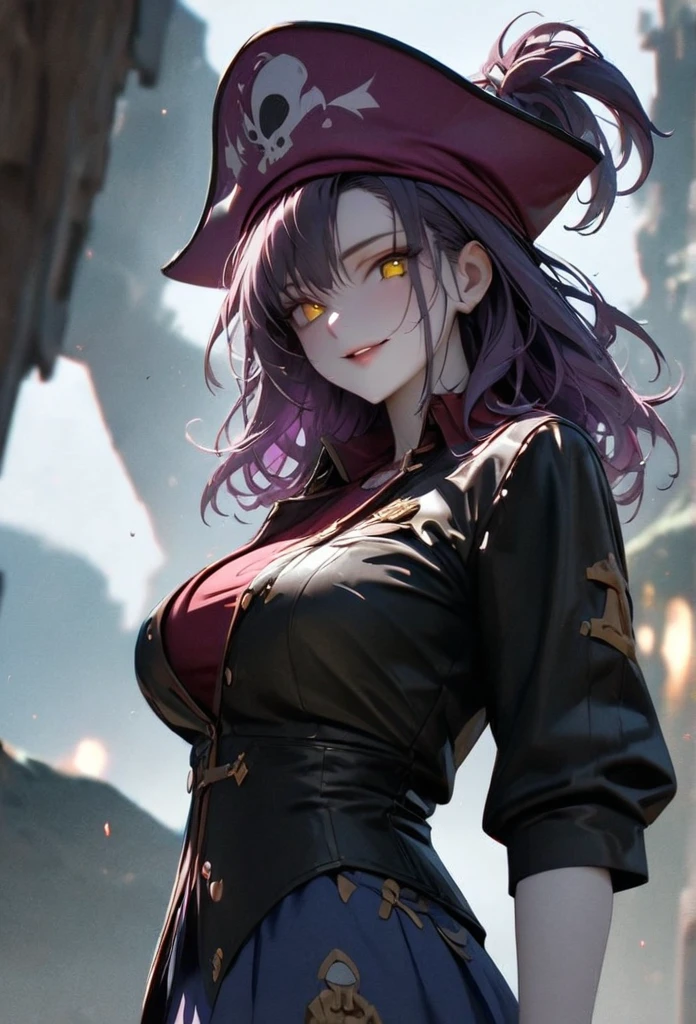 (solo), purple hair, messy hair, mane hair, medium hair, dense hair, wild hair, expressive hair, mature,(25 year old), pale skin, yellow eyes, ((Female)), beatiful girl, wearing a purple pirates outfit, captin pirate hat, blue skirt, rolled up sleeves, showing clevage, beautiful, attractive, large breast, and round and big ass, smiling, Holding a flintlock, eye reflection, depth of field, thunder aura, cinematic lighting, ray tracing, depth of field, cinematic lighting, ray tracing, UHD, high details, best quality, highres, high quality, award winning, super detail, masterpiece, 8k, UHD, high details, best quality, highres, high quality, award winning, super detail, masterpiece, 8k, digital art, anime coloring, body shot, good face, perfect face, detailed face, good eyes. A sea and island background
