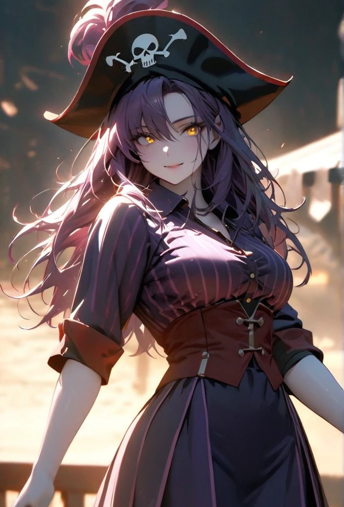 (solo), purple hair, messy hair, mane hair, medium hair, dense hair, wild hair, expressive hair, mature,(25 year old), pale skin, yellow eyes, ((Female)), beatiful girl, wearing a purple pirates outfit, captin pirate hat, blue skirt, rolled up sleeves, showing clevage, beautiful, attractive, large breast, and round and big ass, smiling, Holding a flintlock, eye reflection, depth of field, thunder aura, cinematic lighting, ray tracing, depth of field, cinematic lighting, ray tracing, UHD, high details, best quality, highres, high quality, award winning, super detail, masterpiece, 8k, UHD, high details, best quality, highres, high quality, award winning, super detail, masterpiece, 8k, digital art, anime coloring, body shot, good face, perfect face, detailed face, good eyes. A sea and island background