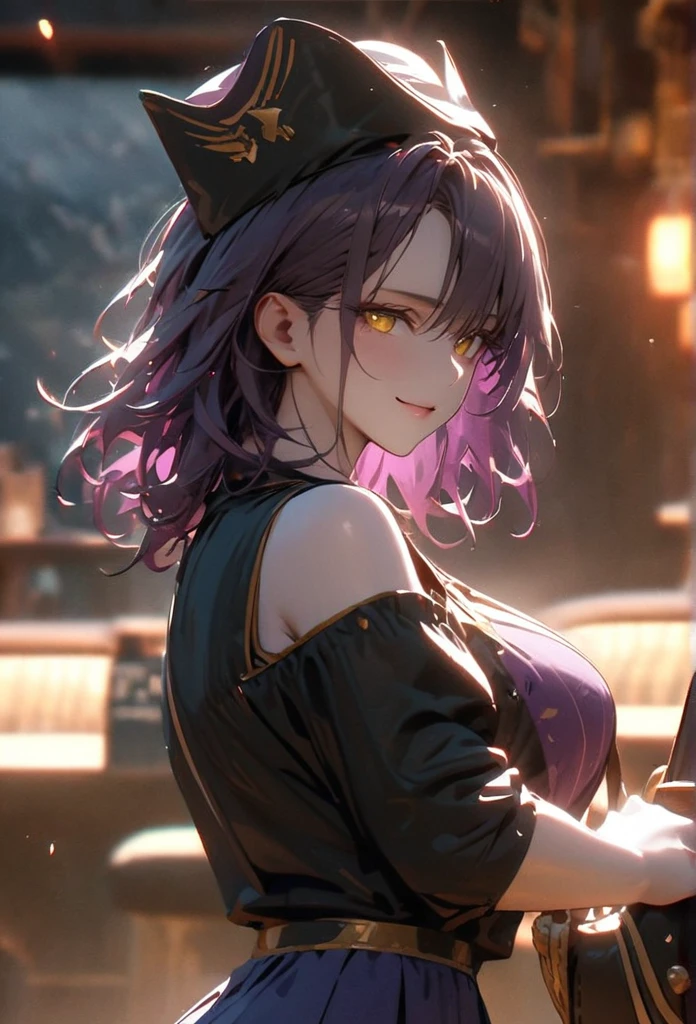 (solo), purple hair, messy hair, mane hair, medium hair, dense hair, wild hair, expressive hair, mature,(25 year old), pale skin, yellow eyes, ((Female)), beatiful girl, wearing a purple pirates outfit, captin pirate hat, blue skirt, rolled up sleeves, showing clevage, beautiful, attractive, large breast, and round and big ass, smiling, Holding a flintlock, eye reflection, depth of field, thunder aura, cinematic lighting, ray tracing, depth of field, cinematic lighting, ray tracing, UHD, high details, best quality, highres, high quality, award winning, super detail, masterpiece, 8k, UHD, high details, best quality, highres, high quality, award winning, super detail, masterpiece, 8k, digital art, anime coloring, body shot, good face, perfect face, detailed face, good eyes. A sea and island background