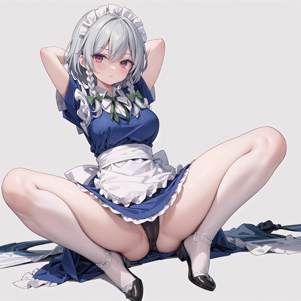(best quality), (very aesthetic), (ultra-detailed), (best (best quality), (very aesthetic), (ultra-detailed), (best illustration),(((one women))),(((izayoi sakuya))),(touhou), red eyes, maid, medium hair, twin braids, grey hair, maid headdress, blue dress, puffy short sleeves, maid apron, waist apron, white apron, green bow, hair bow, waist bow, white bow, ,(large breasts),(((full body))),(((arms behind head))),(((spread legs))),(((white background))),(((Diagonal angle)))
