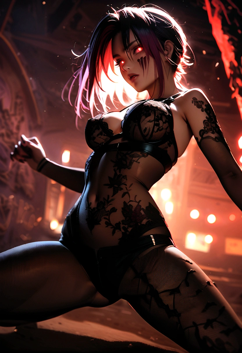 girl, rotting zombie warrior, lulu ffx, evil look, sexy, sheer lace bra, medium saggy breasts, demonic lace tight bodystocking, pubic hair, curvy hips, facepaint, bodypaint, glowing eyes, combat stance, vibrant appearance, creative sexual behavior, imaginative, sensual, spontaneous, highest quality, skin texture, demon infested war backdrop, intricate details, (cinematic lighting), RAW photo, 8k
