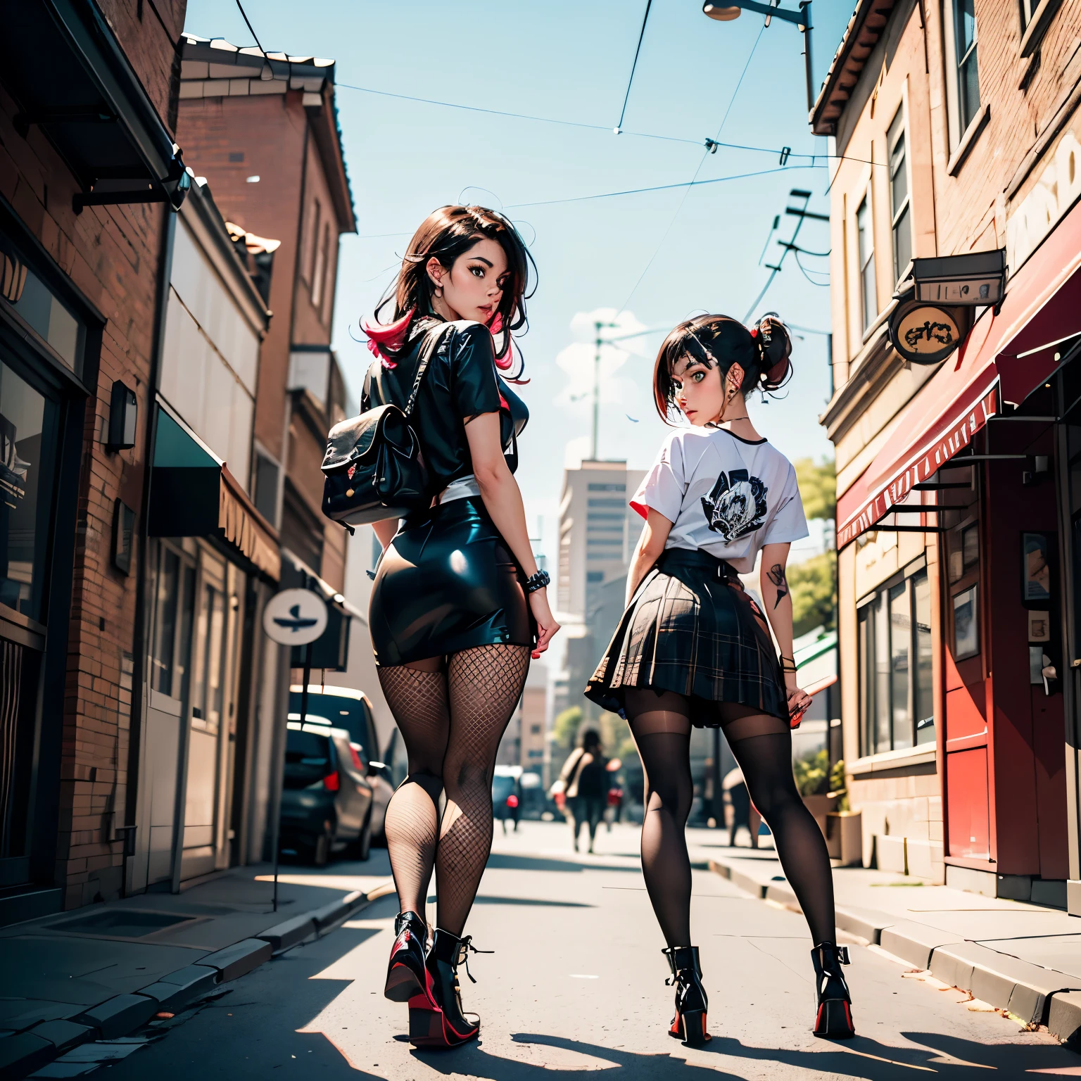 A front and back full body view of a female model in a punk-inspired outfit. The girl is depicted in a playful and vibrant manner, similar to the style shown in the reference image. She wears a Plaid skirt with a graphic tee, fishnet tights, and creepers. Her hair is styled in edgy punk manner, and she has a friendly and approachable expression. The front view shows her standing confidently, while the back view highlights the details of her outfit and hairstyle. The overall design is clean and colorful. Highly detailed, 8k, smooth, sharp focus, trending on artstation, digital painting, by Stanley Artgerm Lau, WLOP, Rossdraws, James Jean, Andrei Riabovitchev, Marc Simonetti, and Sakimichan, 