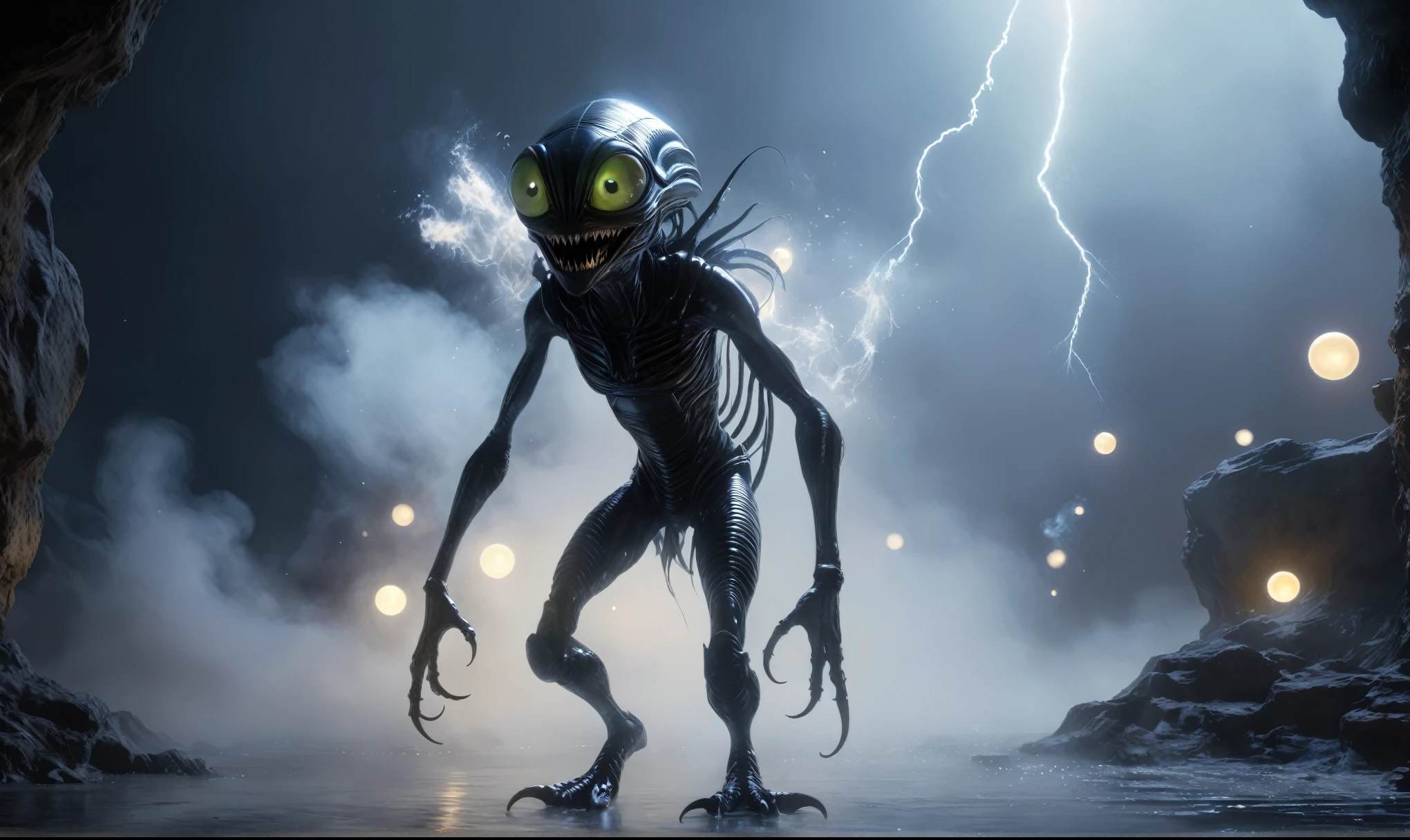 full body length,niobium goblin,native africa xenomorph,once pretty face,eyebrow up,full body shot,ominous landscape,niobium gray atmosphere,photo,photorealism,Masterpiece,natural skin textures, hyper realism,hyper detailed,High contrast,Realism,Ultra Detailed,irina yermolova,close full body shot,32K resolution,Nikon Z9, ,demonic, dust, smoke, audience, mist, featuring ultra-realistic and hyper-realistic elements,
  Marta Bevacqua, Ellen Jewett, Kawacy, Katsuya Terada, Carne Griffiths, light stroke, light beam, explosive lightning, sparks, concert lighting,  bokeh,  luminal space that feels
 both bright and surreal. Includes liquid fluid elements for added depth and movement. Rendered in an unreal 
engine and post-processed to achieve . Evokes a sense of dreamy, ethereal 
and mystical mood,pixar movie still, pixar movie screenshot, frame from pixar movie, animated movie still, still from the pixar movie, still from a pixar movie, disney pixar movie still, pixar movie scene, still from pixar movie, still from a 2001 pixar movie, pixar render, animated film still