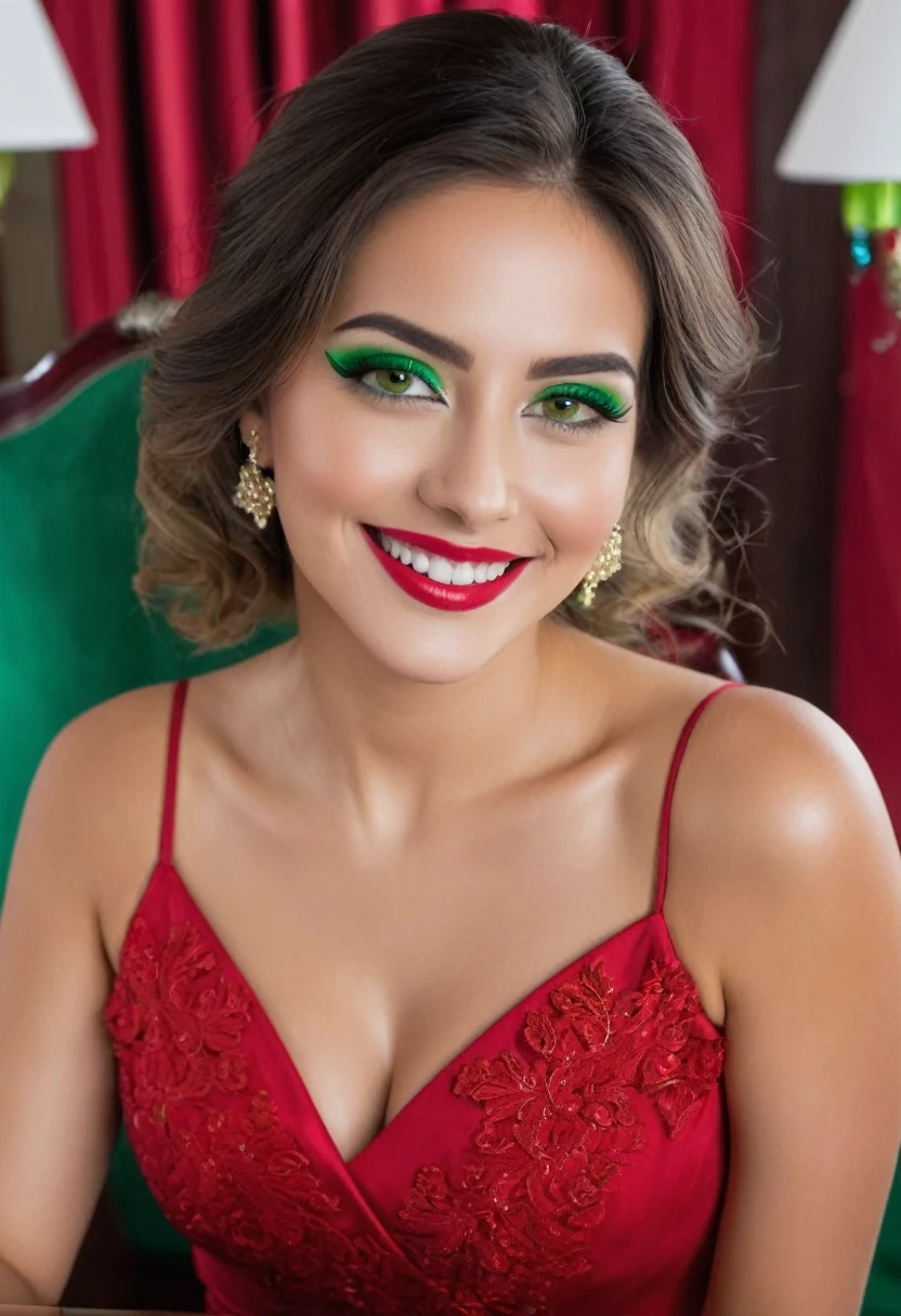 Mujer hermosa con ojos verdes, pomulos marcados y sonrisa coqueta, con un vestido ????? sentada tocando el piano