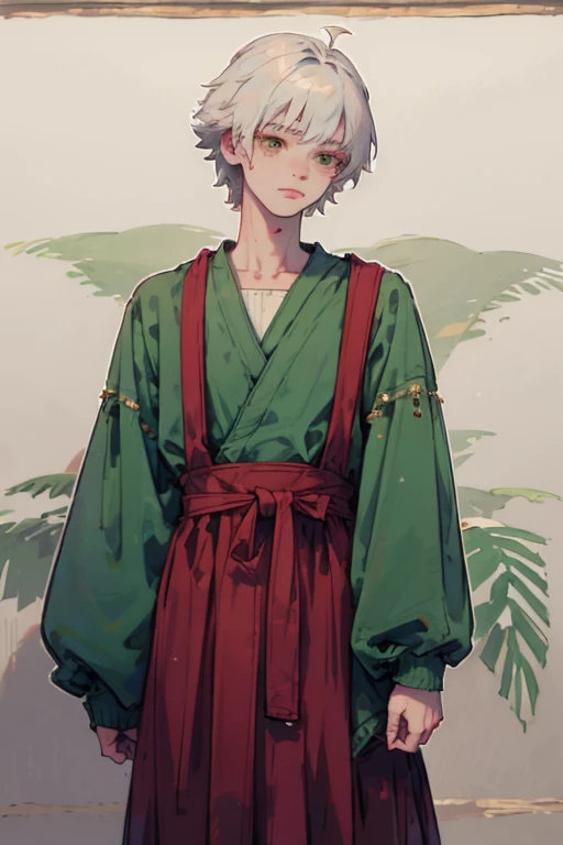 boy with white hair and green eyes, labios rojos, vestido como un principe