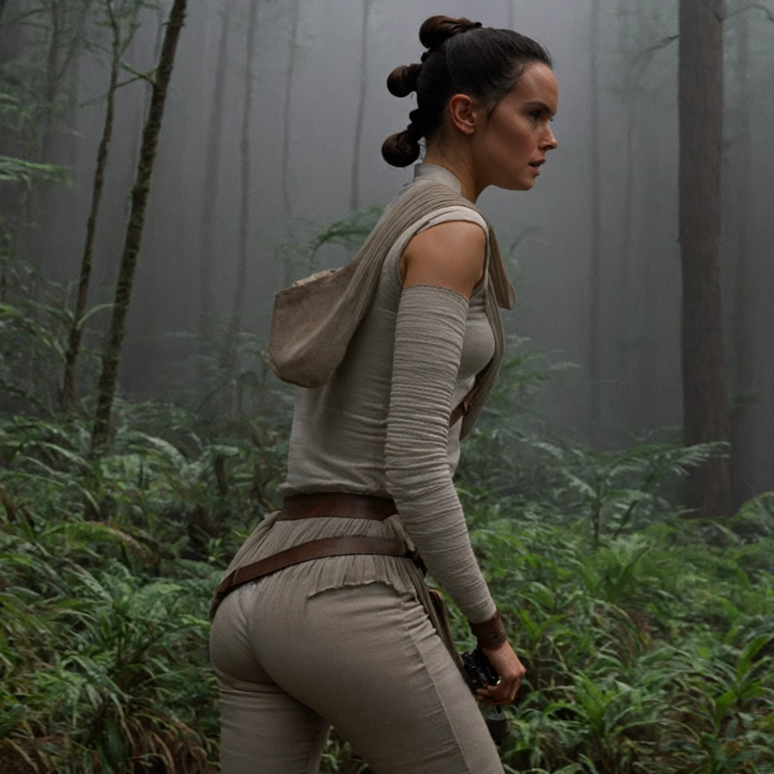 cinematic film still rey, highly detailed, high budget Hollywood movie by barry jenkins, ((she is showing her very small ass)), (nsfw), solo 1 woman, ass is focus but its still covered in the pants, (sideprofile), rey wears her outfit without scarves, very flat small breasts covered behind the clothes, the foto is shot from the side and shows rey