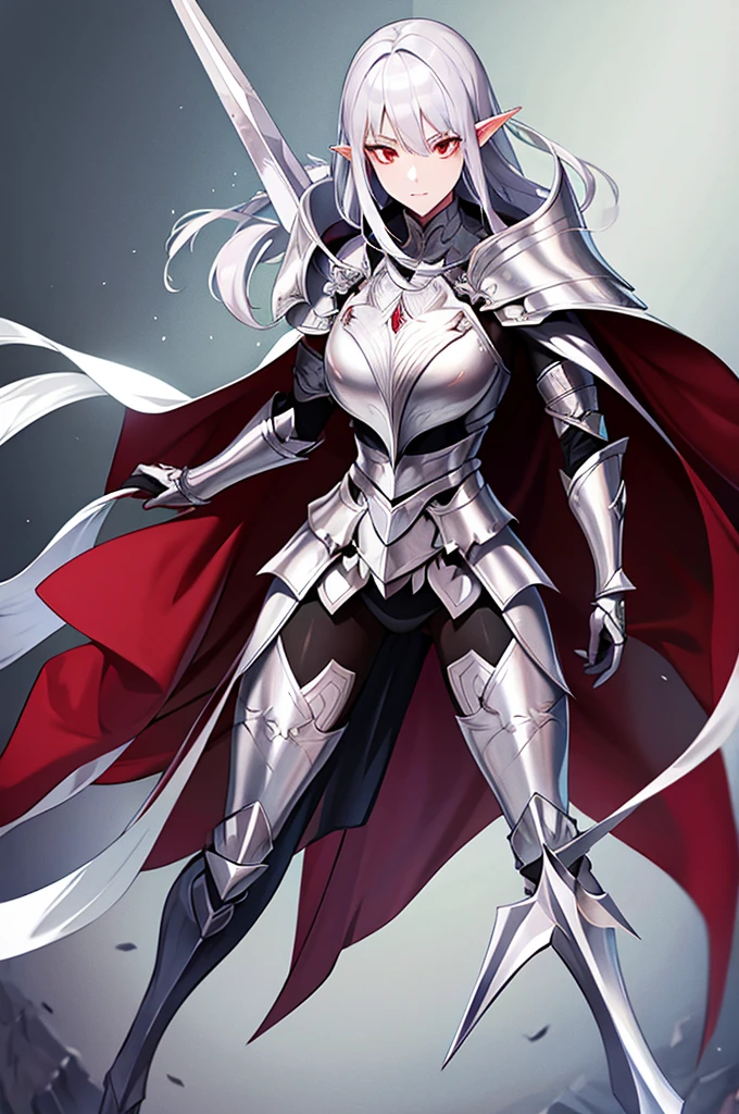 female elf knight, full body art, silver hair, white skin, red iris eye, knight full plate adorned armor, silver cape, adorned long sword