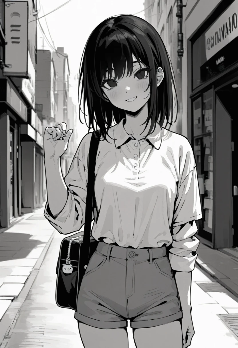 ​masterpiece, best quality 1girl, grayscale, style: manga, black eyes, street, iced, black hair, schoolbag, smile, lineart, white background, white shirt, grey shorts
