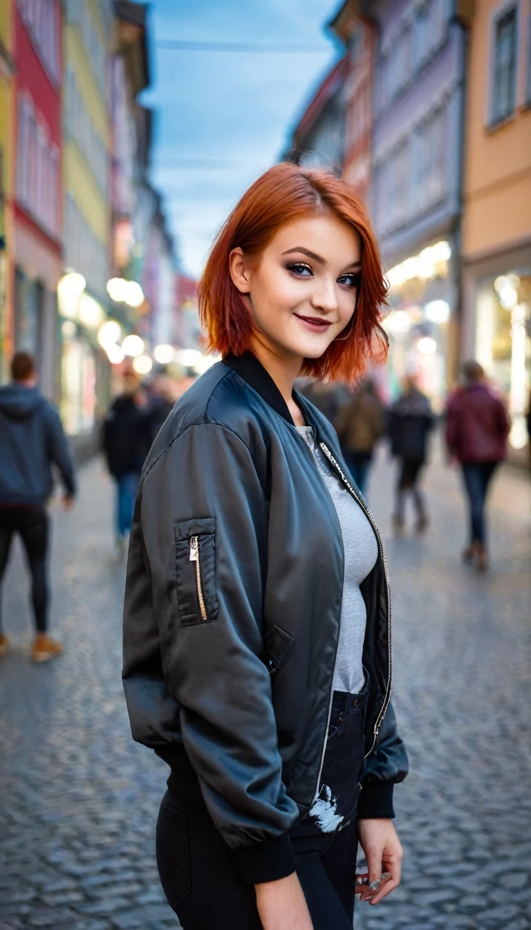 Portrait of a beautiful 18-year-old  woman, rote bob haare, dark eye makeup with eyeliner, beautiful Germans, grey longsleeve shirt with black satin bomber jacket and skinny jeans, in der stadt, (heller markt, helles und lebendiges Licht: 1.2), shy smile, busty, tanned, walking away from photographer
