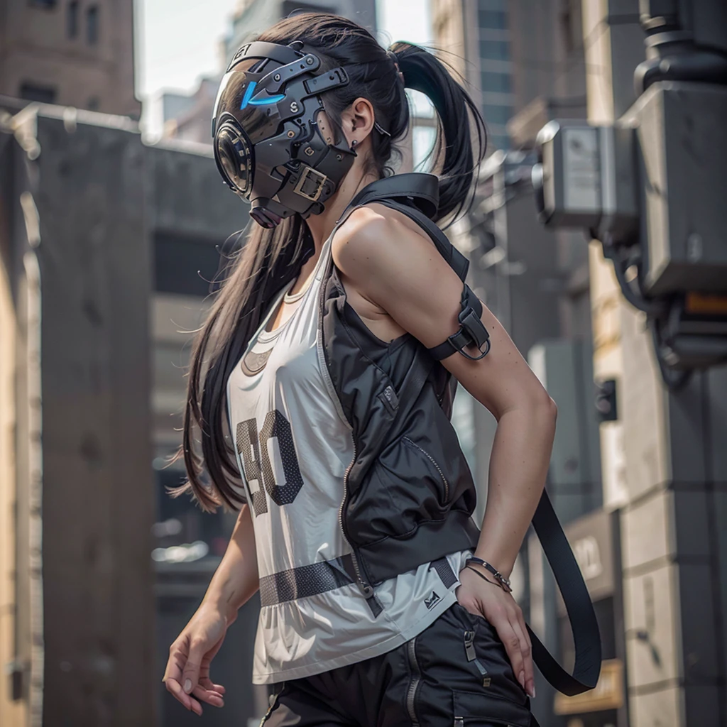 1girl, long white tail hair, cyber helmet, grey tank top, black cargo pants, mouth mask, covered mouth, Blur background, 8K, Hi-Res