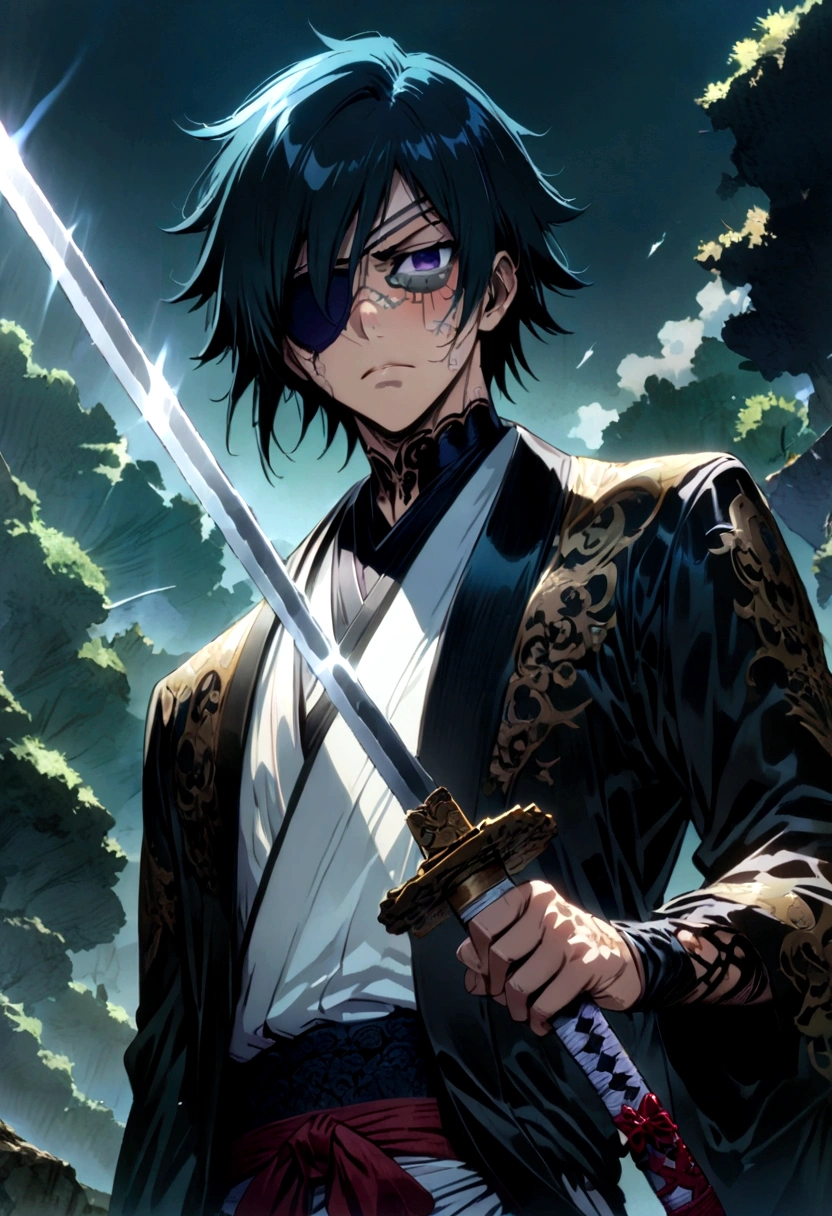 score_9, score_8_up, score_7_up, BREAK, source_anime, 1boy, Zaraki Kenpachi, "BLEACH", solo, male focus, holding sword, sword, katana, field, forest, serious, (covered eyes, eye patch), anime screenshot, anime screencap, anime coloring, dramatic composition, cinematic lighting, (masterpiece, best quality, Professional, perfect composition, very aesthetic, absurdres, ultra-detailed, intricate details:1.3)