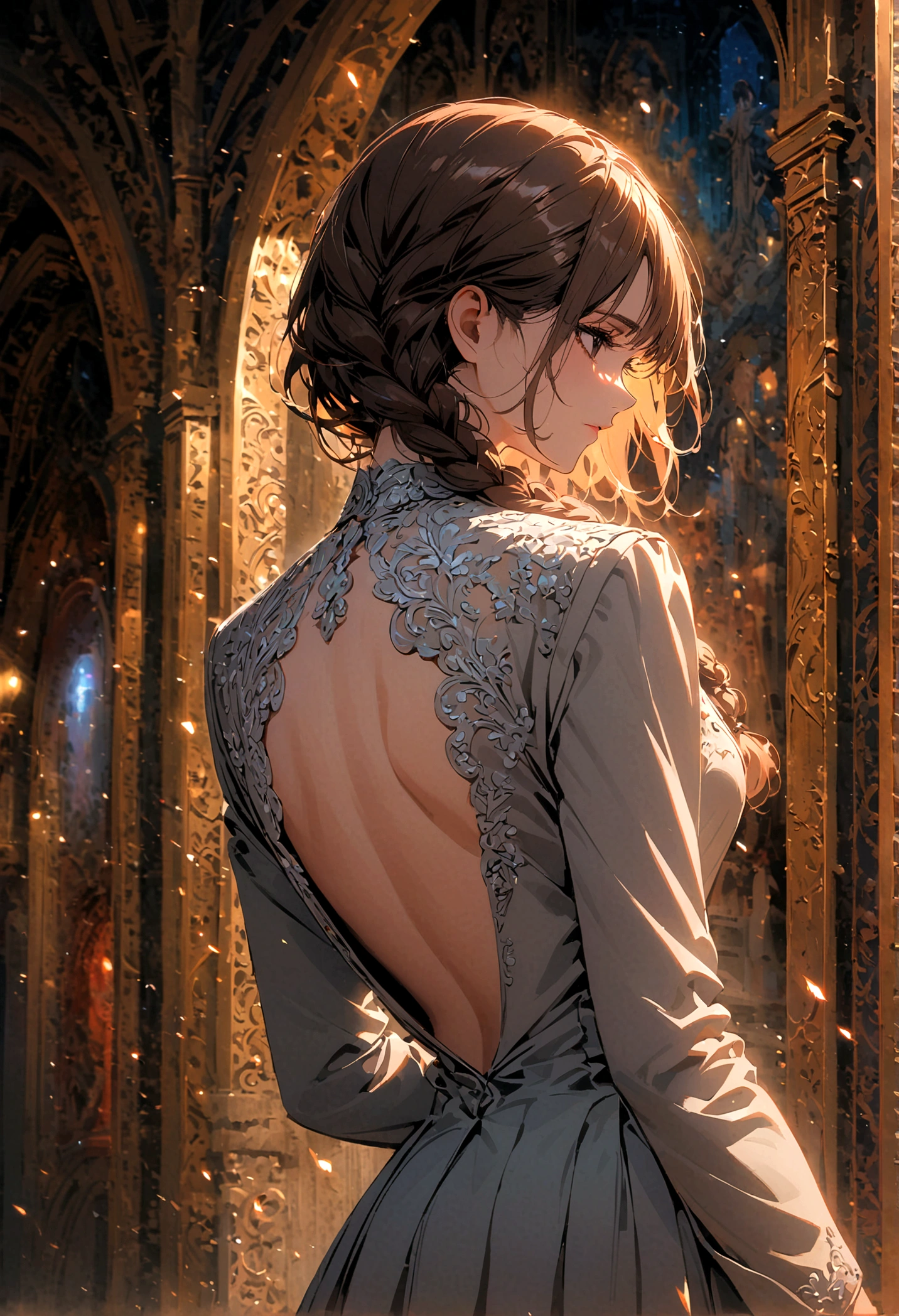 A woman with brown braided hair, black eyes, a gray suit, her back turned half her face, standing alone in the middle of the palace at night.