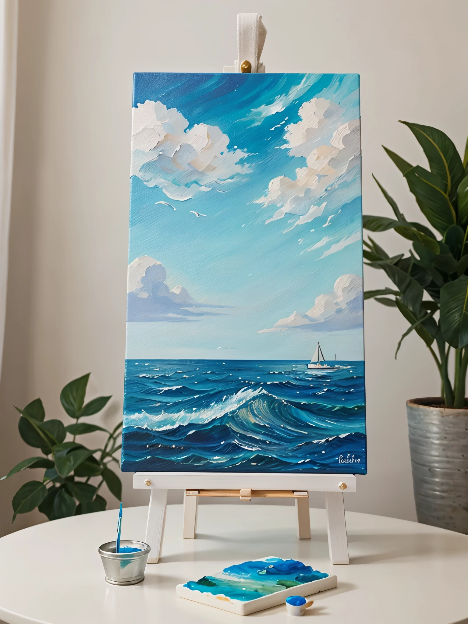 Create a sea-themed piece of art on a small-sized canvas on an easel and table filled with paints the same color as the canvas and brushes