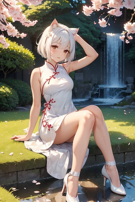 adult japanese catgirl with white cat tail, breathtaking cherry tree forest, falling cherry petal, ((white elegant sleeveless long cheongsam dress)), smooth and beautiful legs, ((brown eye color)), (medium short length hair flowing in the wind), ((white hair), ((white high heeled pumps shoes)), beautiful nature, Atlantis ruins, small water spring with small waterfall, ((high quality)), extremely detailed, (bokeh), dof, (hand on chest), large breasts, sitting in front of a cherry tree, elegant ancient stone structure, (classy elegant lady pose), side swept hair bangs, looking up into the far distance, (girly hand pose), realistic body anatomy, (white cat ears), evening golden sun backlight,