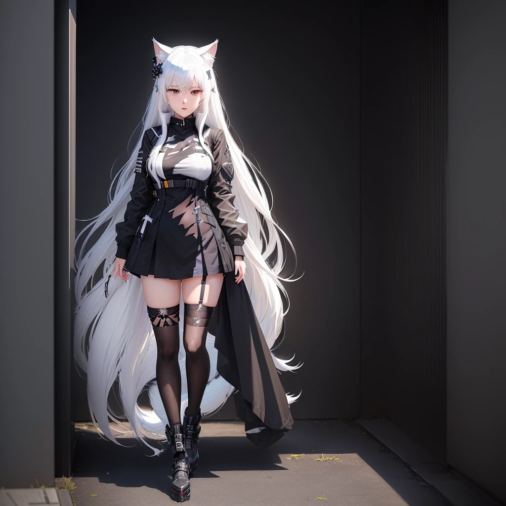 White hair, black clothes, cat ears anime character, from Girls Frontline, Girls Frontline style, White fox, from Ark of Tomorrow, Neferibido, Meow, Holo is a wolf girl, Girls Frontline universe, Fine details. Girls Frontline, Holographic If It Was A Wolf Girl, Girls Frontline, White cat girl, Ark of Tomorrow