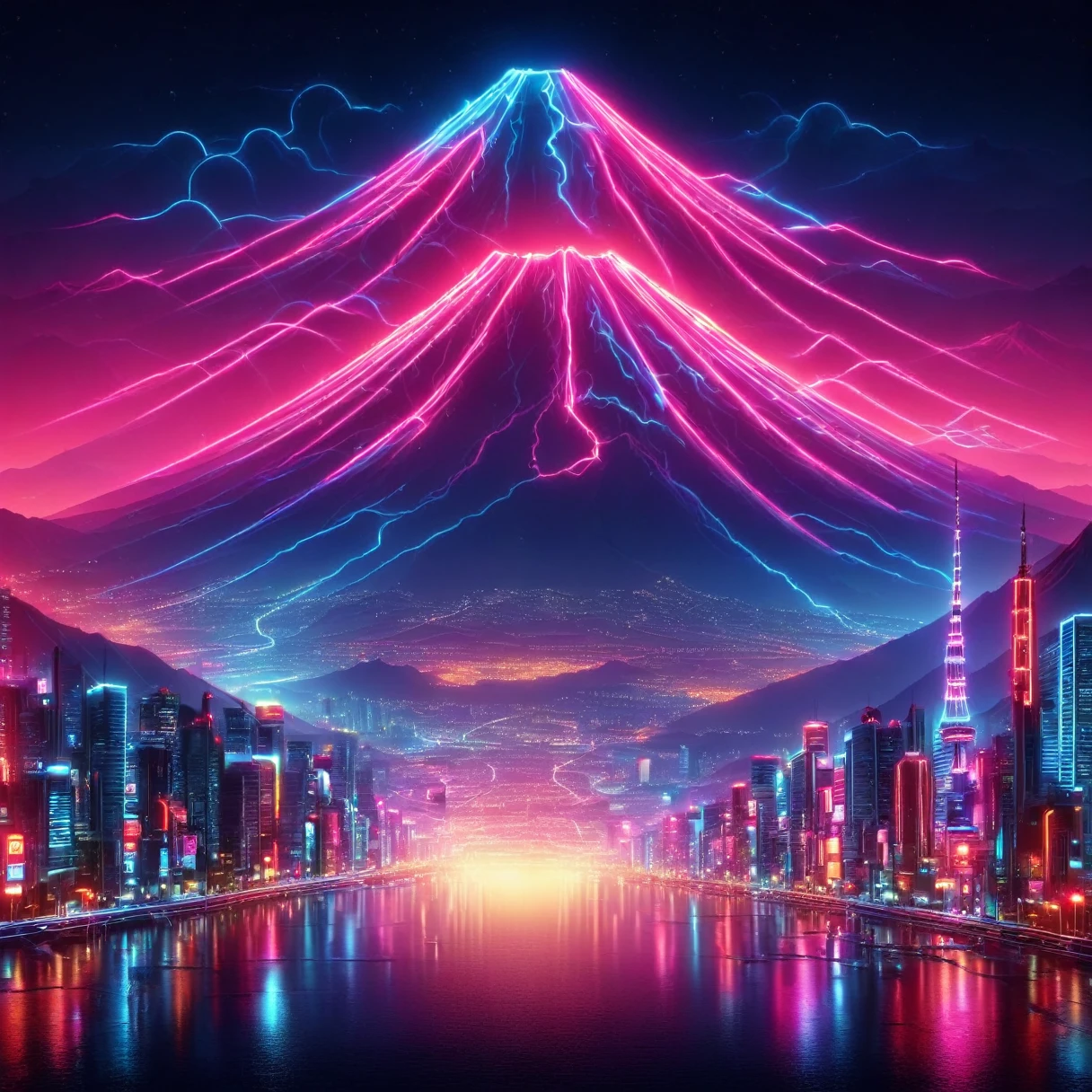japanese art, mount fuji, japanese city, synthwave, neon signs, 