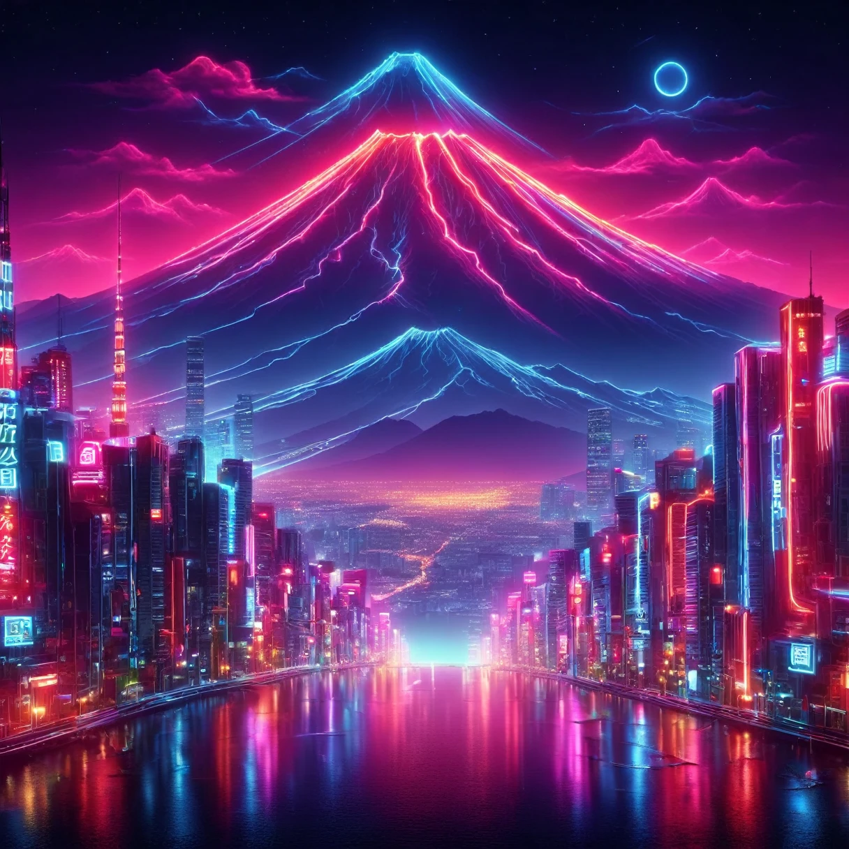 japanese art, mount fuji, japanese city, synthwave, neon signs,