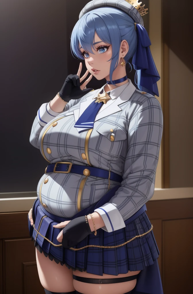 (best quality,4k,8k,highres,masterpiece:1.2), ultra-detailed, (realistic,photorealistic,photo-realistic:1.37), HDR, UHD, studio lighting, ultra-fine painting, sharp focus, physically-based rendering, extreme detail description, professional, vivid colors, bokeh, portraits, photography, (best quality,masterpiece:1.3), (mature woman, milf), (tall:1.2), anime, masterpiece, beautiful eyes, best quality, detailed face, 1girl, solo, beautiful, SuiseiBase, plaid beret, crown, blue star choker, star earrings, blue ascot, plaid jacket, plaid skirt, layered skirt, partially fingerless gloves, star bracelet, uneven legwear, thigh strap, huge belly, bloated belly, stuffed belly, plump, chubby, curvy, chubby girl, belly, big belly, fat belly, soft shading, detailed, semi-realistic, sciamano240