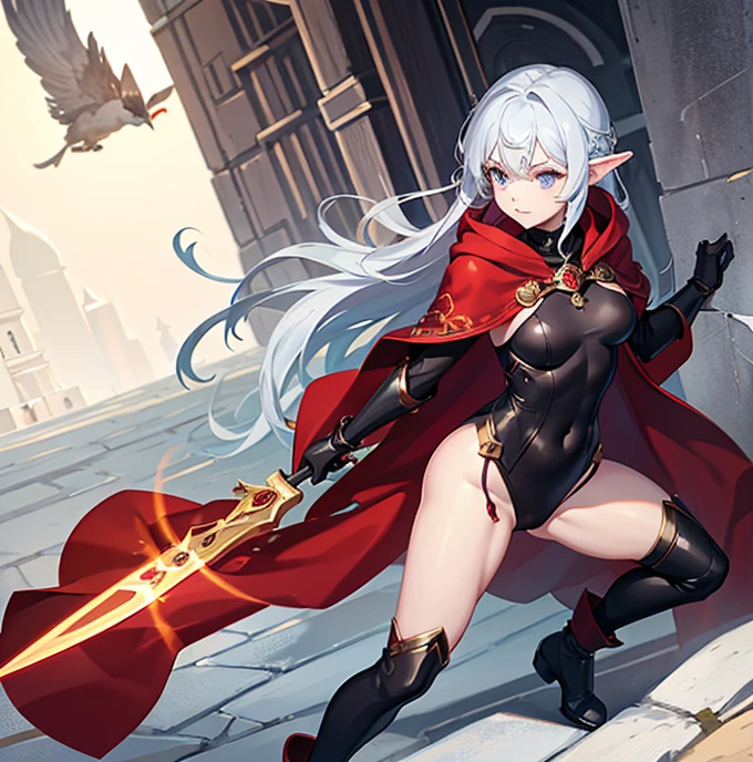 (Absurdres, best high quality)
1character, Elf , pale skin, short thick very messy dark blue hair, heterochromatic eyes, very thin lips, short body, purely flat chested, cute arms, cute legs, full grey not revealing battle unitard, long full arm sleeves, thick grey gloves, long grey thuck boots, black iron bell, red cloak she is training in the temple, beautiful warrior kid, cute face, open smile, love, adorable, cheerful, feminine warrior, holding a huge claymore,