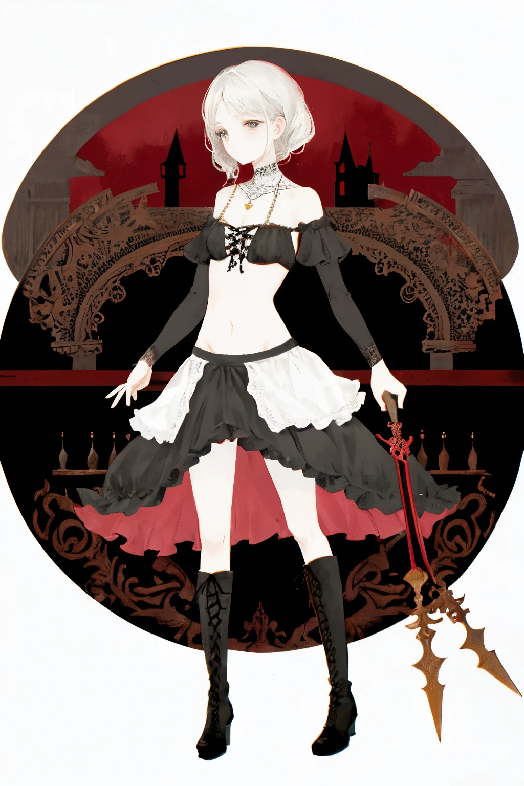  ((best quality)), ((masterpiece)), (detailed), 1girl, Character design, female, dynamic poses, long white grey hair, grey white eyes, very skinny, detailed, best quality, no accesoires around the neck, no shoes, prominent collarbones, skinny arms, flat stomach, visible hip bones, full body, blank white background, plain background, white background, red and white clothing, Bloodborne inspired, occult aesthetic, occult, detailed and intricate steampunk and detailed gothic, NSFW, Very dramatic and cinematic lighting, cosmic horror, grim-dark, side-lighting, perfect face, NSFW, Fluttering lace flared long knee length dress with frilly petticoats, knee length dress, pleated petticoats, petticoats gothic, complex lace boots, side-lighting, gothic aesthetic, wielding a mighty sword with mechanical components, mandalas, small breasts, a fairy, various different types of insect wings, NSFW, full body, whole body, body, plain background, white background, blank background, no background, white background NSFW, chains, full body, whole body, head-to-toe NSFW 