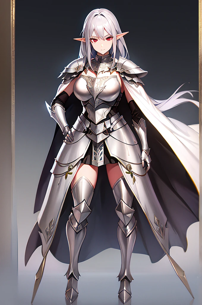 female elf knight, full body art, silver hair, white skin, red iris eye, knight full plate adorned armor, silver cape, full detail